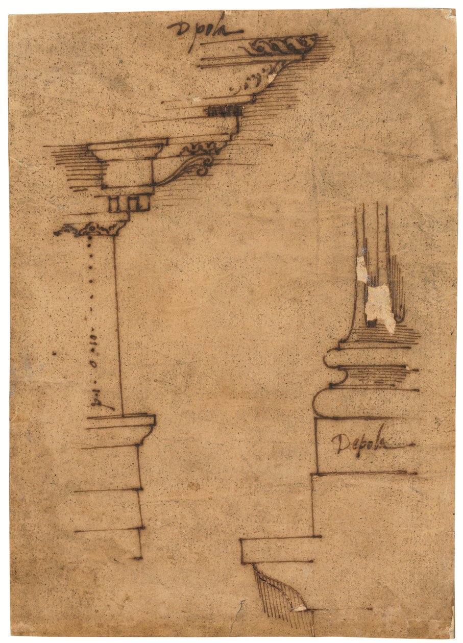 تصميم لسطح معمور وقاعدة قاعدة التمثال (قلم وحبر بني، على ورق تتبع زيتي) بواسطة Raffaello da Montelupo