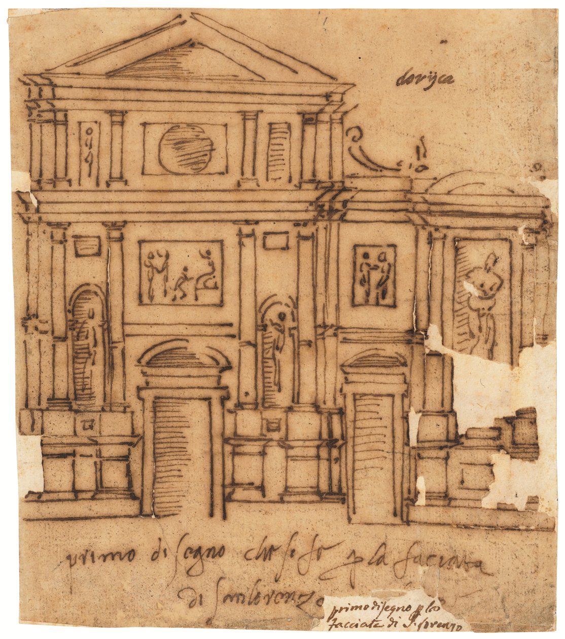 تصميم لواجهة سان لورينزو، فلورنسا (قلم رصاص وحبر بني، على ورق تتبع زيتي) بواسطة Raffaello da Montelupo