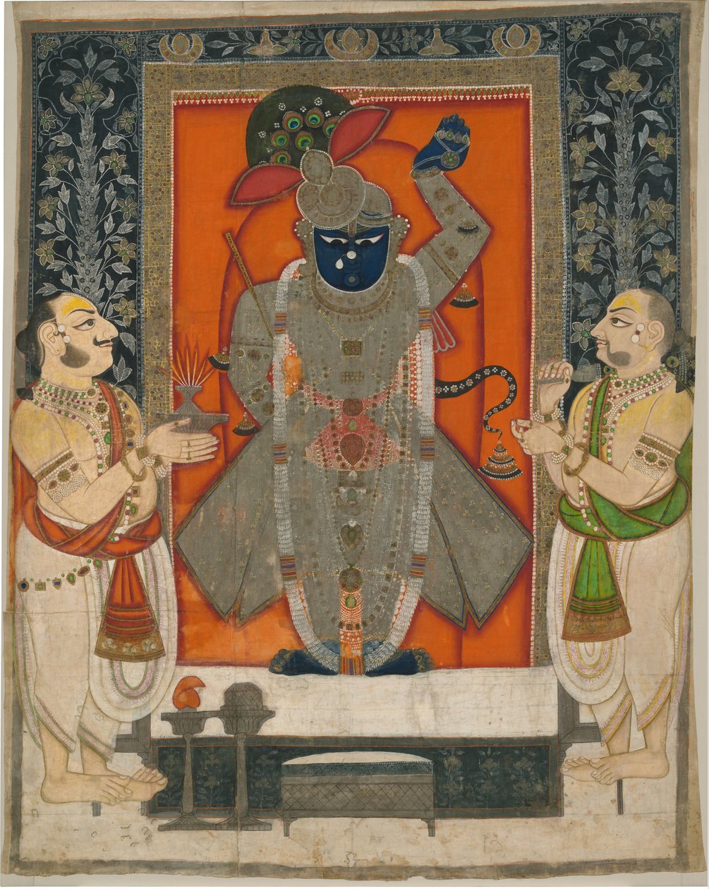 الكهنة يعبدون كريشنا في صورة شريناثجي لمهرجان جبل الطعام [Annakuta utsava] ؛ ضريح معلق [pichhavai] بواسطة مدرسة راجستان كوتا