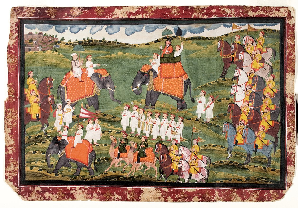 العقيد جيمس تود وجورو جيانتشاندرا يركبان الفيلة بالقرب من أودايبور ، أكتوبر 1822 بواسطة مدرسة راجاستان