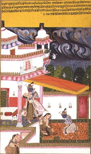 الورقة 72. كريشنا كاجول رادها بينما تتجمع عاصفة في سماء المنطقة ، من "Rasikapriya of Kesavadasa" ، مقاطعة بوندي كوتا ، راجاستان بواسطة مدرسة راجبوت