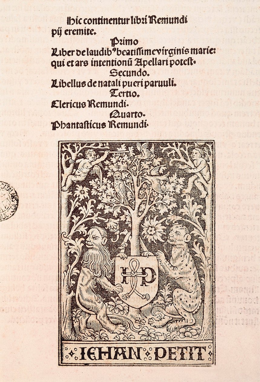 صفحة المخطوطة "De Laudibus Beatissimae Virginis Mariae" لرامون لول (1235-1315) ، تصور أسدين يحملان شعار النبالة للطابعة جيهان بيتي بواسطة رامون لول