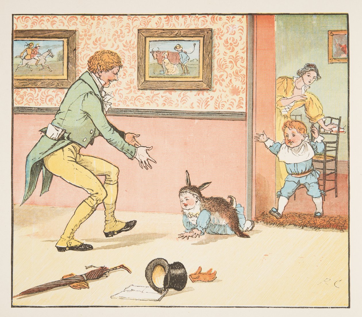 درسة طفل ملفوفة في جلد الأرنب ، من كتاب الصور Hey Diddle Diddle ، حانة 1882 (نقش ملون) بواسطة راندولف كالديكوت
