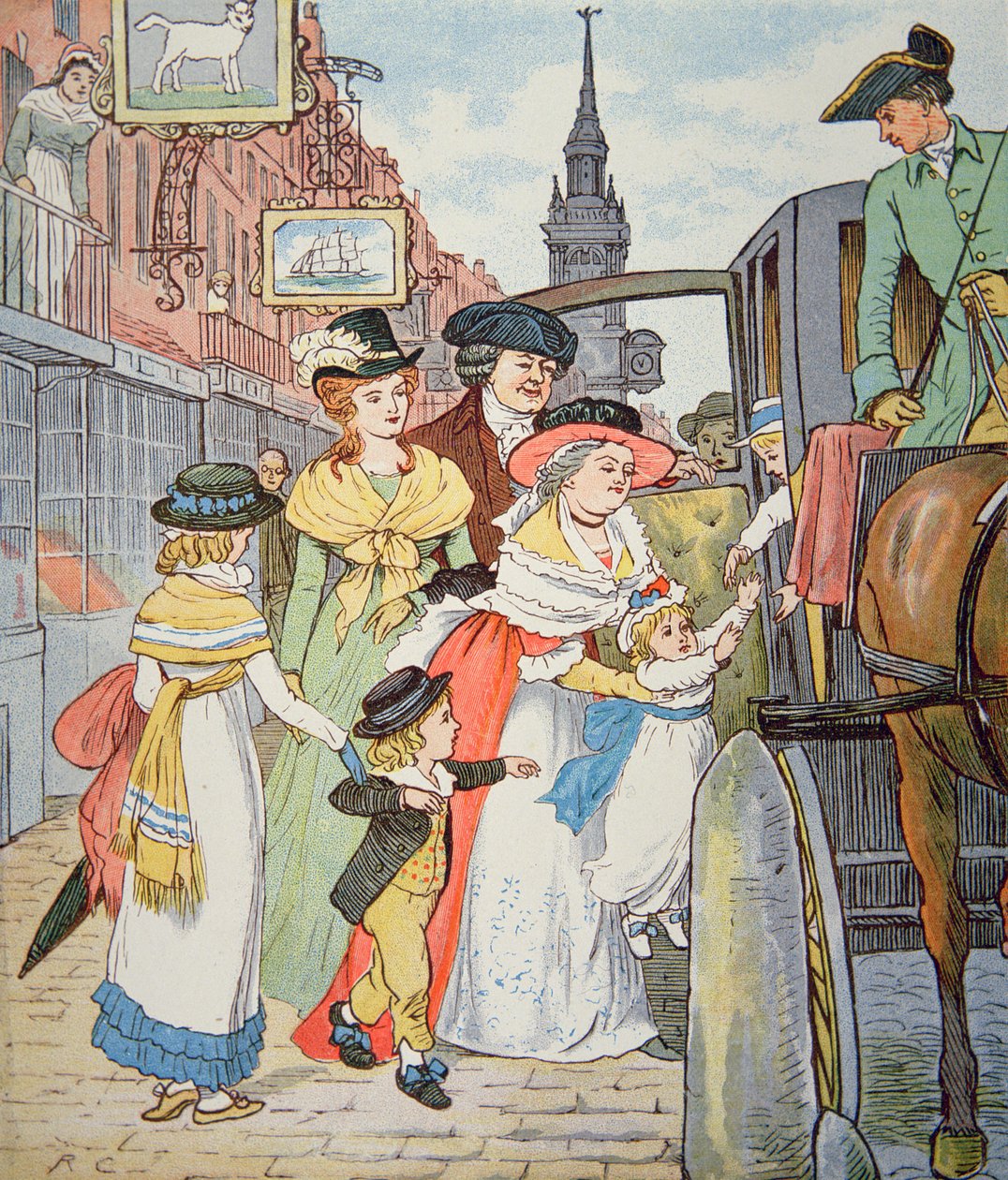 Family life in colonial America - Street scene in Boston (watercolor on paper) بواسطة راندولف كالديكوت
