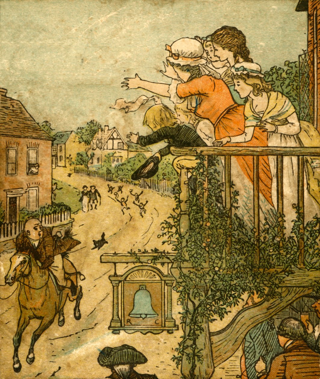 ركض جون جيلبين بالقرب من بيل إن بينما كانت زوجته وأطفاله يلوحون من الشرفة ، 1878 ، c1918. بواسطة راندولف كالديكوت