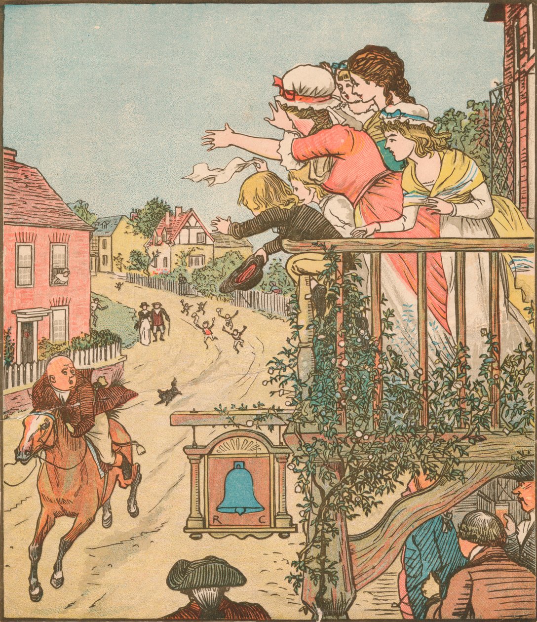 ركض جون جيلبين بالقرب من بيل إن بينما كانت زوجته وأطفاله يلوحون من الشرفة ، 1878 ، c1918. بواسطة راندولف كالديكوت