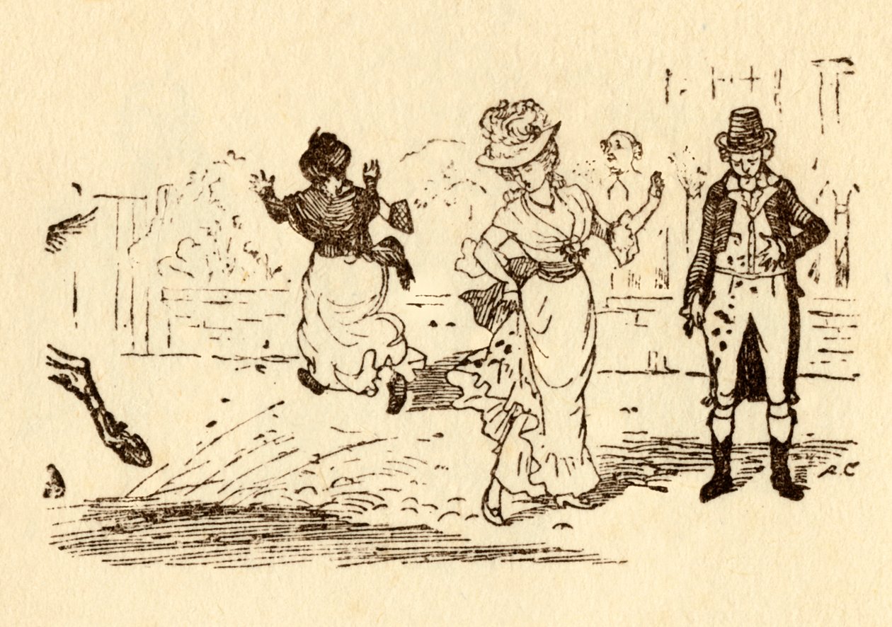 حصان جون جيلبينز يرش الطين على ثوب نسائي ، 1878 ، c1918. بواسطة راندولف كالديكوت