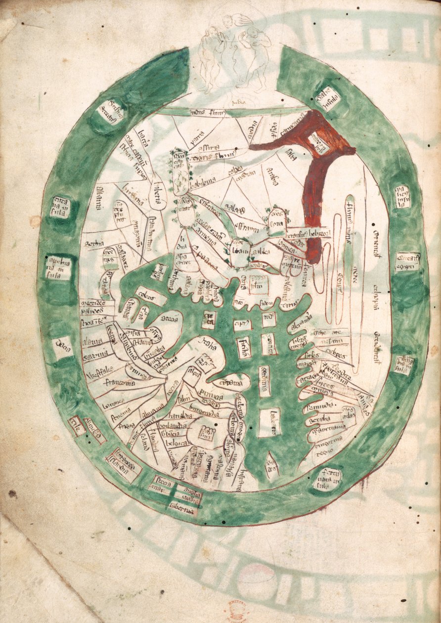 خريطة العالم ، f.2v من Polychronicon ، حوالي 1400 (ورق) بواسطة رانولف هيجدين