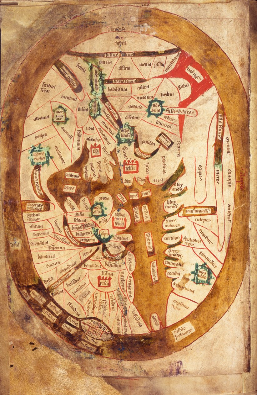 Ms.89 Higden fol.13v خريطة العالم (حبر على الرق) بواسطة رانولف هيجدين
