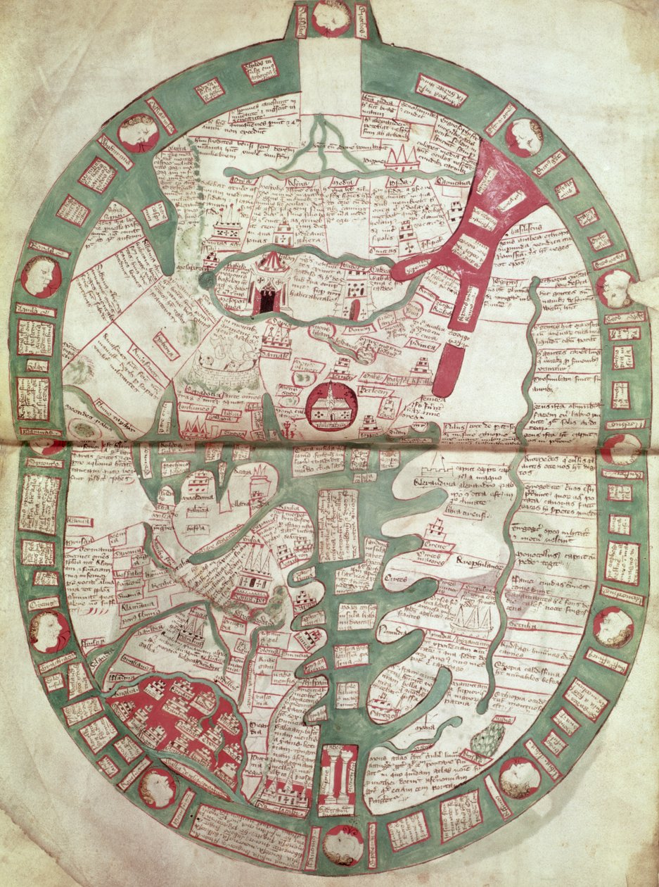 Roy.Ms 14 C. f.1 1v-2r خريطة العالم مع القدس كمركز ، Polychronicon ، حوالي 1380 (ورق) بواسطة رانولف هيجدين