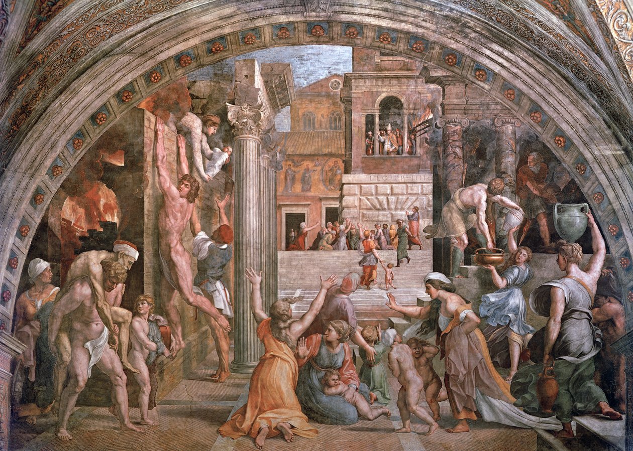 حريق في بورجو ، من ستانزا dellIncendio (قاعة النار) c.1514-17 بواسطة رافائيل وجوليو رومانو
