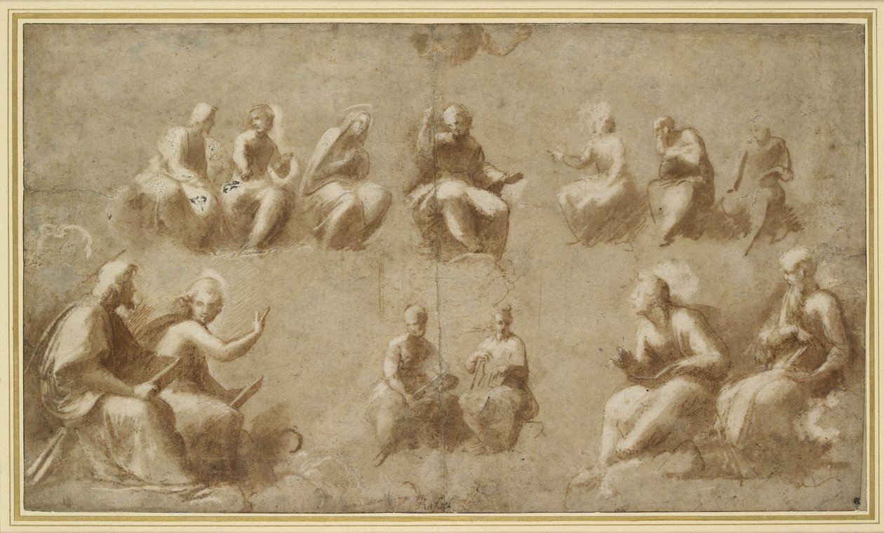 المسيح والقديسين في المجد (دراسة للنزاع) (رسم الفرشاة بالحبر البني) بواسطة رافايللو سانزيو رافائيل