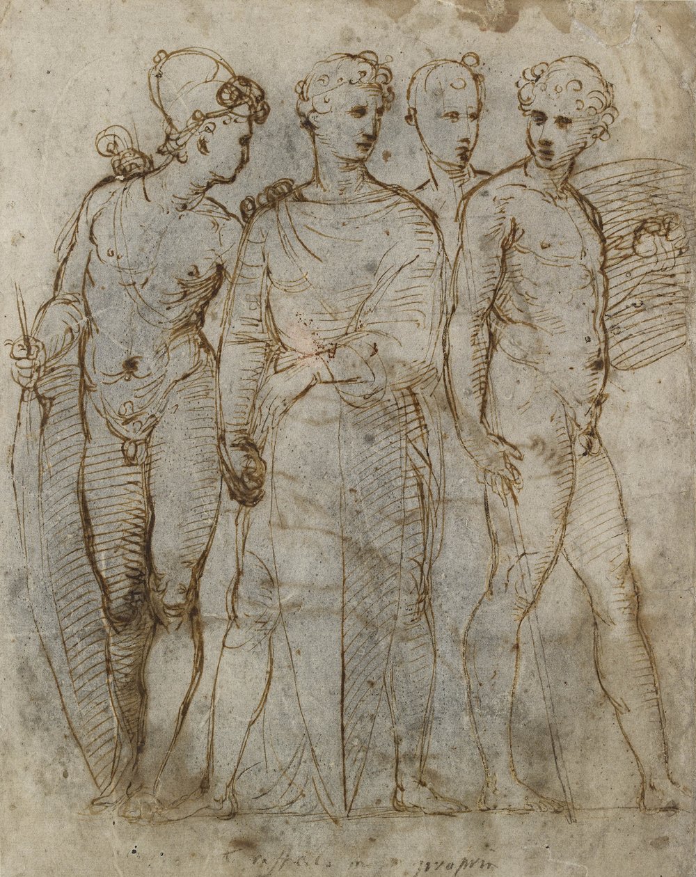 مجموعة من المحاربين (سانت جورج في دوناتيلو في Orsanmichele في الوسط) (قلم وحبر بني على ورق أبيض) بواسطة رافايللو سانزيو رافائيل