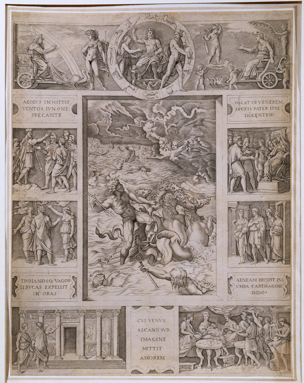 Quos Ego ، Neptune Calming the Storm ، مع حدود تظهر المزيد من المشاهد من Virgil&39;s &39;Aeneid&39; ، محفورة بواسطة Marcantonio Raimondi (1480-1534) c.1515-16 بواسطة رافايللو سانزيو رافائيل