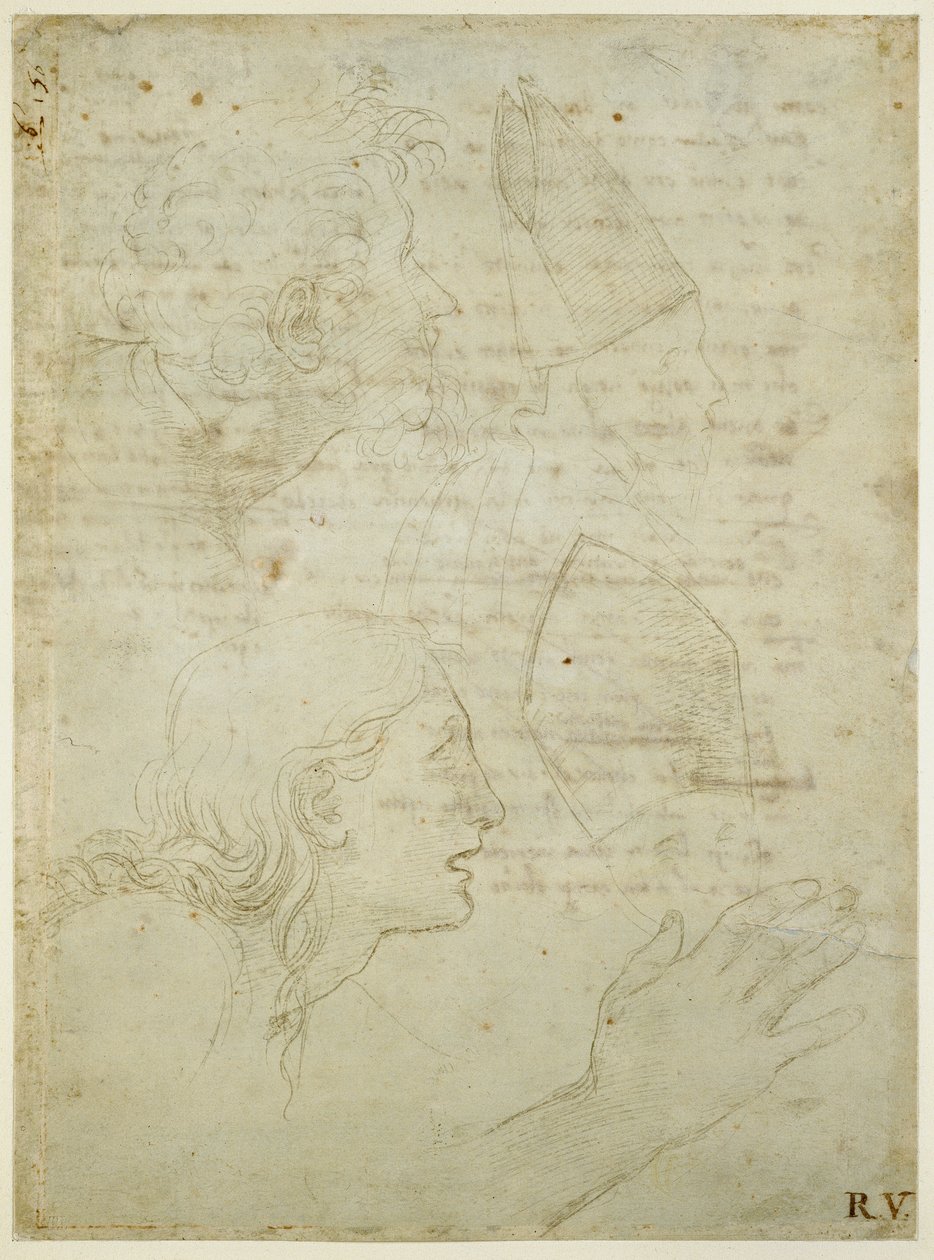 Recto: دراسات الرأس واليد. فيرسو: مشروع خشن للسوناتات "Come non podde dir" و "Amor tu m" envesscati "، WA1846.187 بواسطة رافايللو سانزيو رافائيل