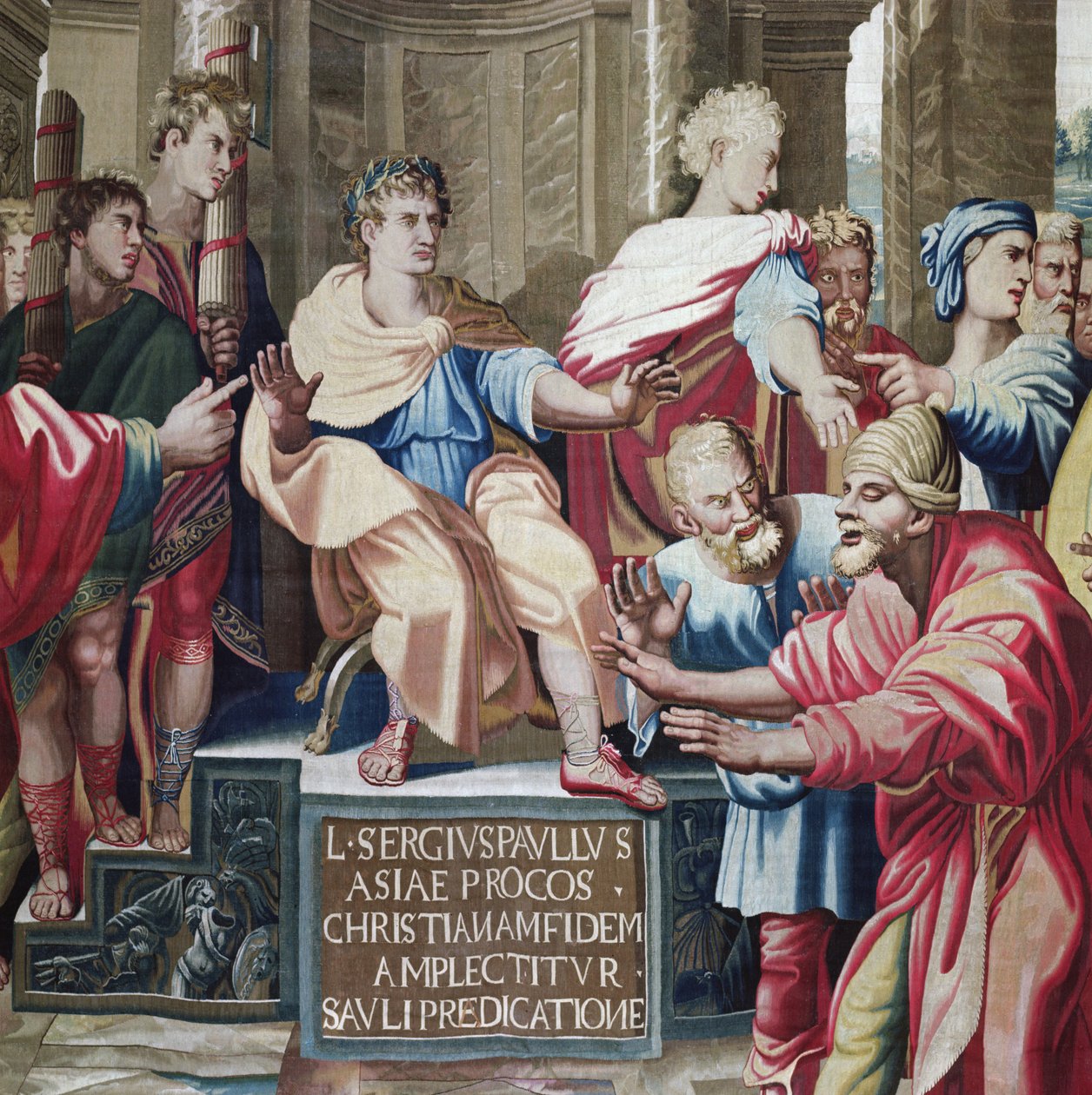 نسيج يصور أعمال الرسل ، وتعمية تفاصيل الإليماس في إيليماس ، ضرب الساحر أعمى و Proconsul Sergius Paulus ، المنسوجة في ورشة Beauvais تحت إشراف P بواسطة رافايللو سانزيو رافائيل