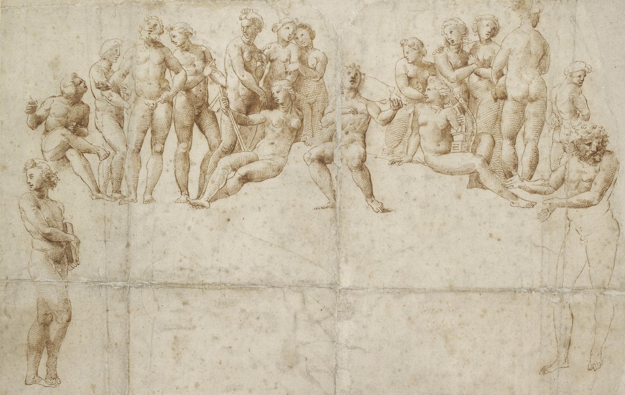 The Parnassus ، نسخة بعد رافائيل (قلم وحبر بني على طباشير أسود على ورق أبيض) بواسطة رافايللو سانزيو رافائيل