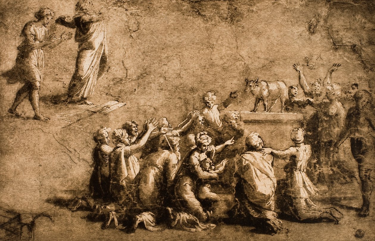 عشق العجل الذهبي أو موسى يكسر جداول القانون ؛ رسم رافائيل. Gabinetto dei Disegni e delle Stampe ، معرض أوفيزي ، فلورنسا بواسطة رافايللو سانزيو رافائيل