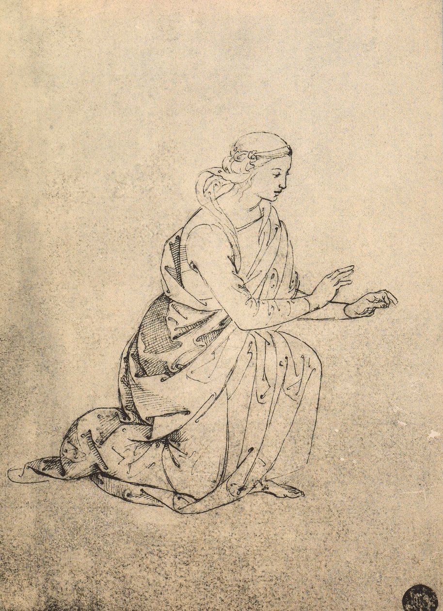 الرقم الأنثوي راكع. رسم رافائيل. غاليري ديل أكاديميسيا ، البندقية بواسطة رافايللو سانزيو رافائيل