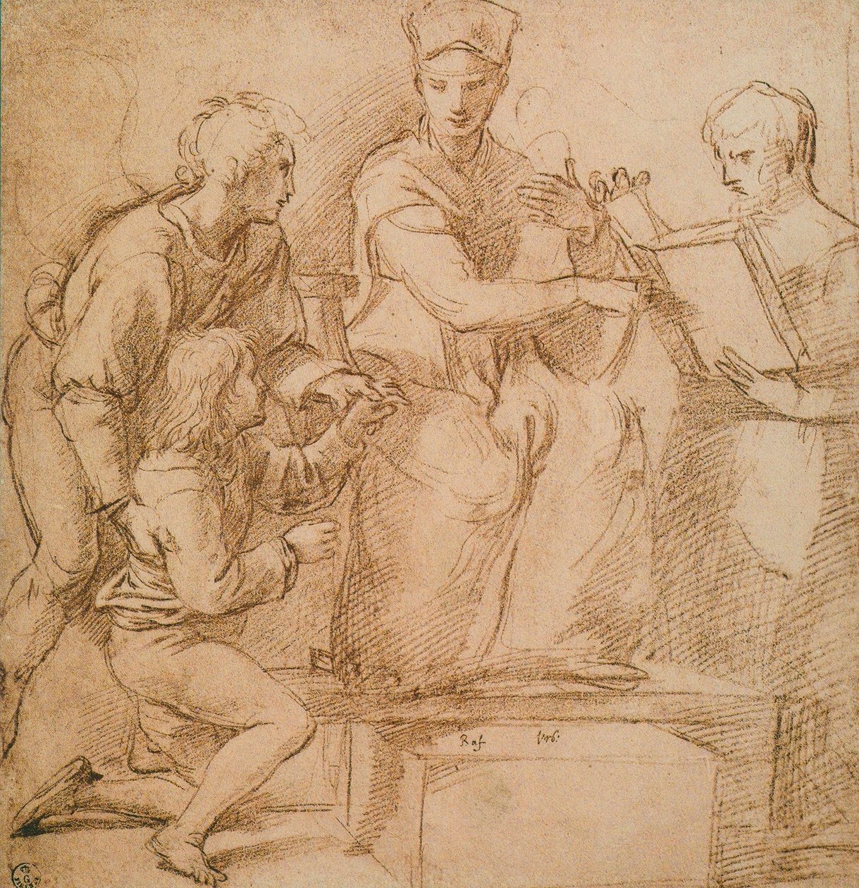 أربع شخصيات (مادونا وطفل؟) ، رسم رافاييل. خزانة الرسومات والمطبوعات ، معرض أوفيزي ، فلورنسا بواسطة رافايللو سانزيو رافائيل