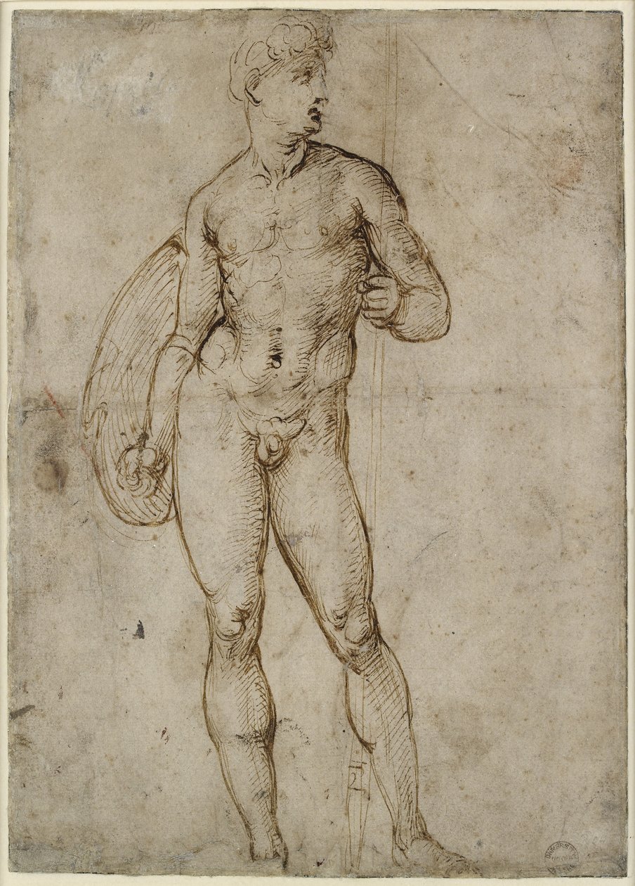 Recto: A Youngful Warrior، WA1846.163 (قلم وحبر بني ، وبعض علامات القلم غير المرئي التي قد تكون غير مرتبطة) بواسطة رافايللو سانزيو رافائيل