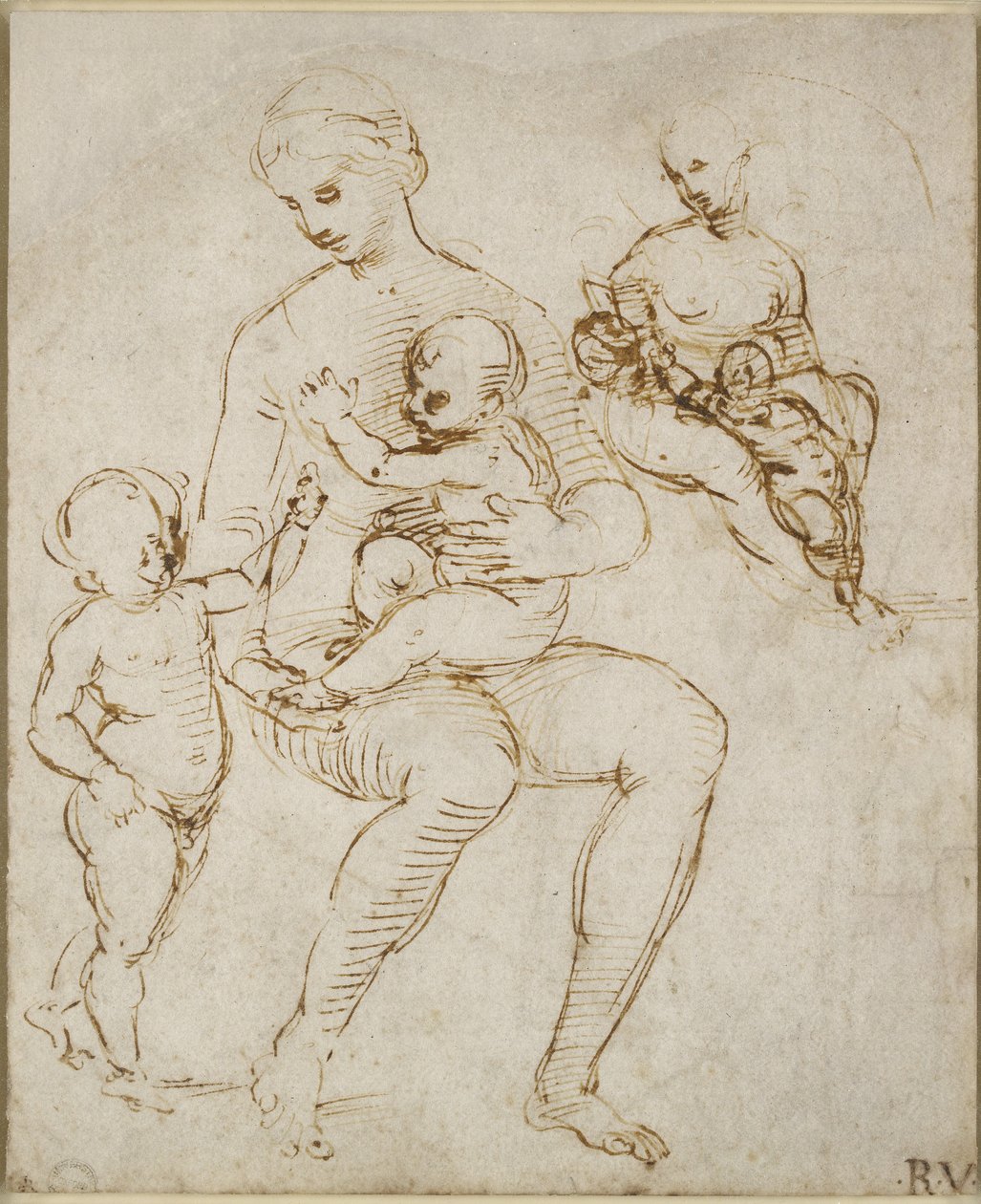 Recto: دراستان عن عذراء وطفل مع St John (The Madonna del Cardellino) ، WA1846.159 (قلم وحبر بني فوق بعض القلم الأعمى) بواسطة رافايللو سانزيو رافائيل