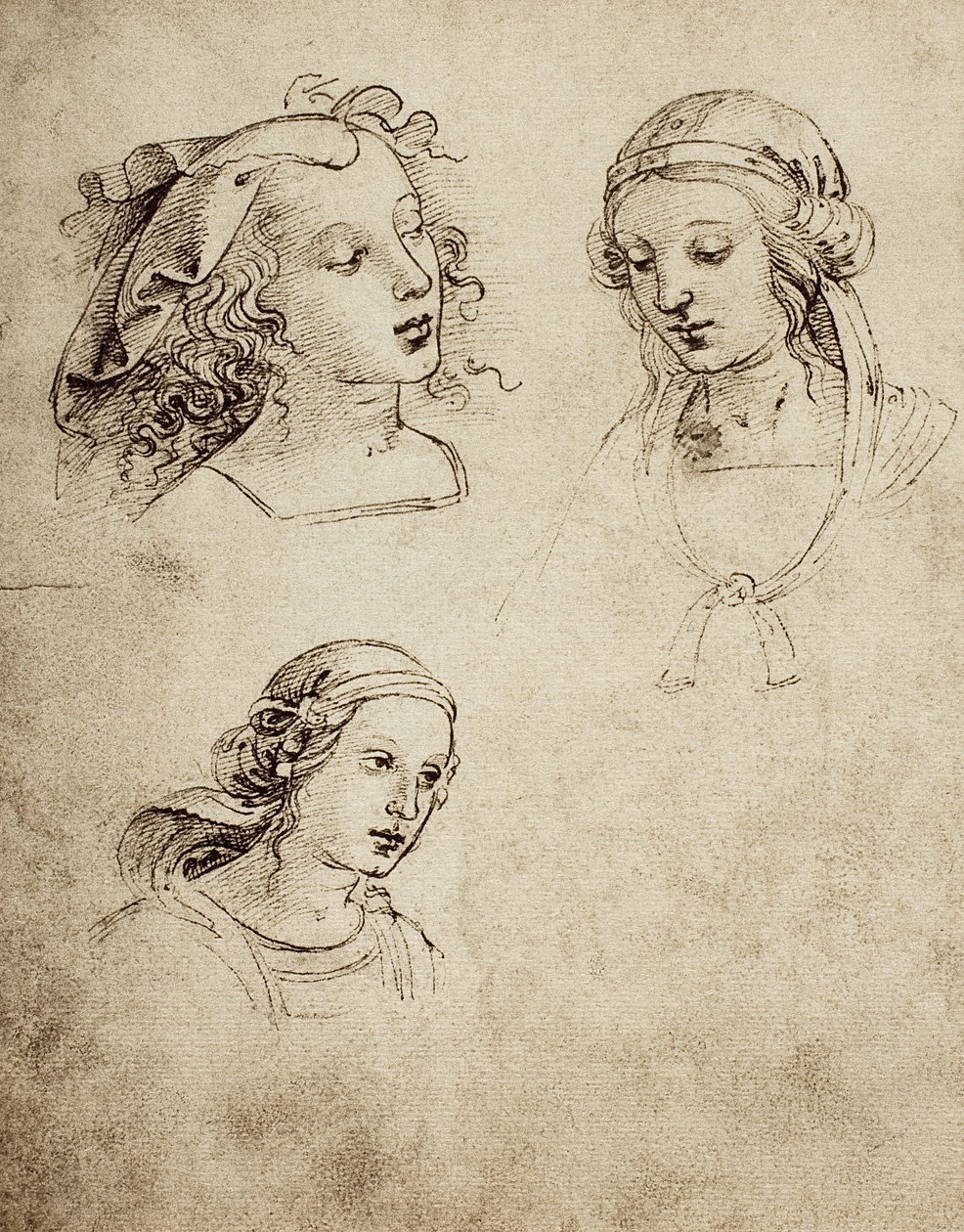 دراسة لثلاثة رؤوس أنثوية ؛ رسم رافائيل. Gallerie dellAccademia di Venezia بواسطة رافايللو سانزيو رافائيل