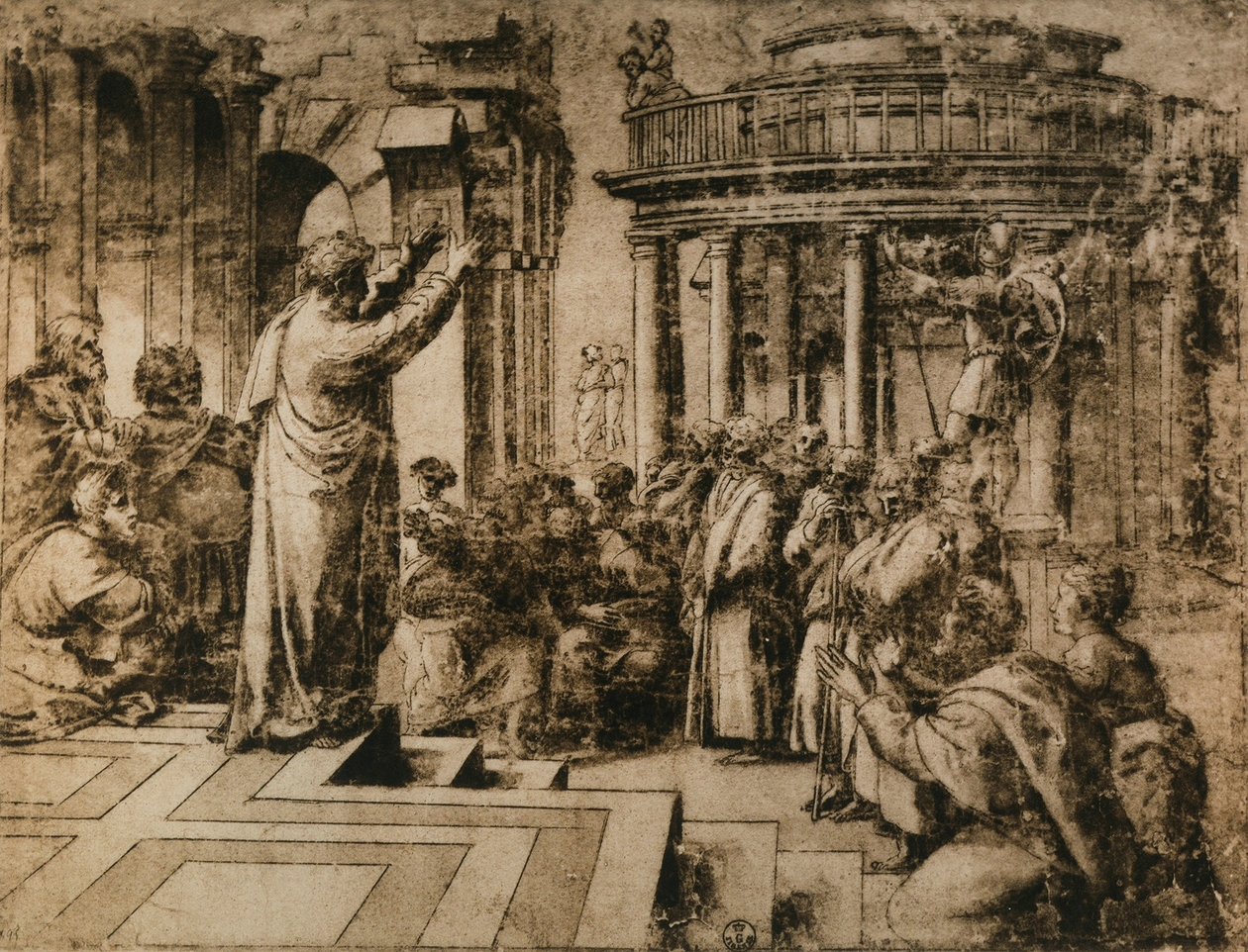 الوعظ القديس بولس في أثينا ؛ رسم من مدرسة رافائيل. خزانة الرسومات والمطبوعات ، أوفيزي ، فلورنسا بواسطة مدرسة رافائيل