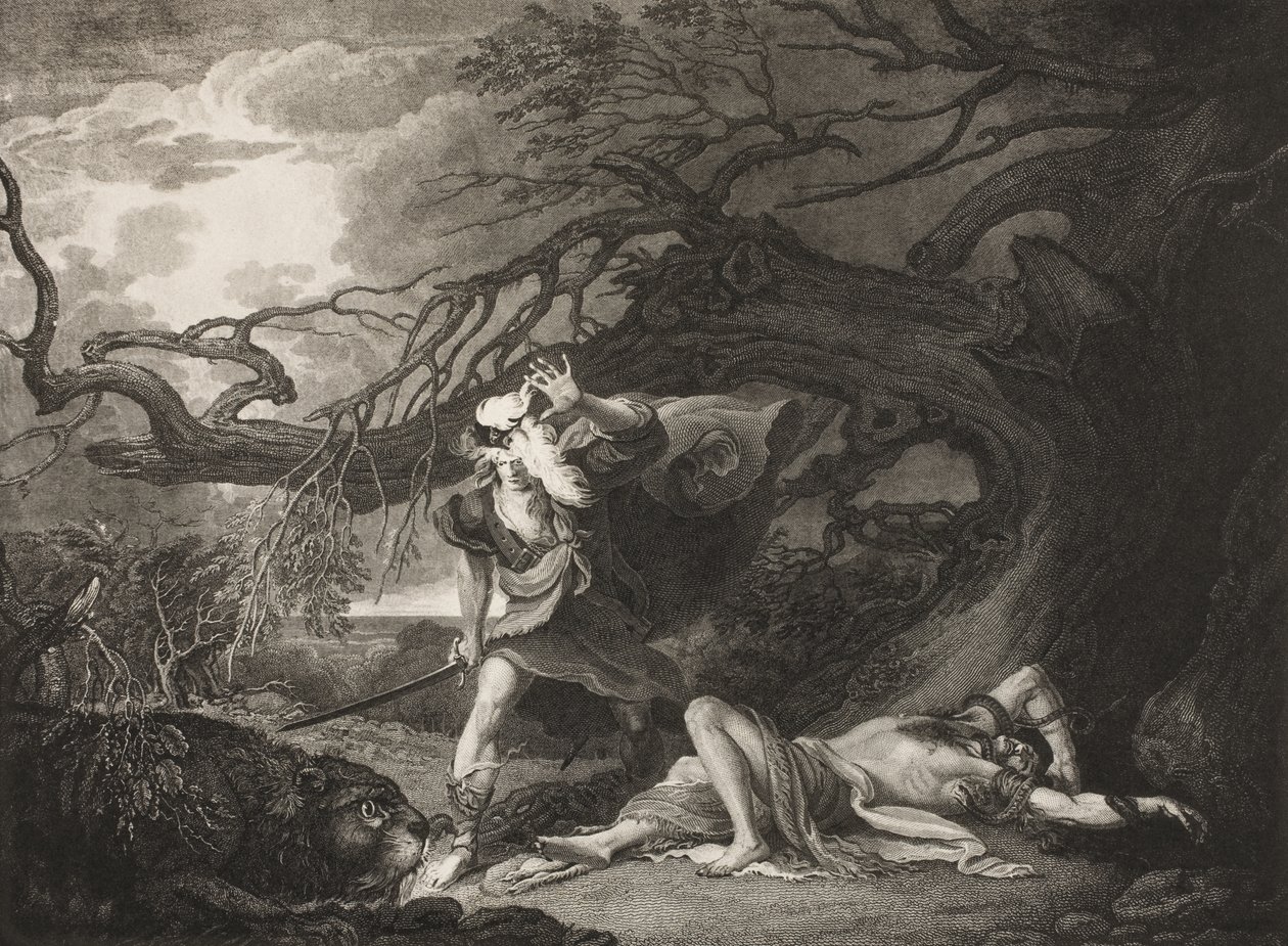 The Forest، The Rescue of Oliver، Act II، Scene VII، from &39;As You Like It&39;، من معرض Boydell Shakespeare ، المنشور في أواخر القرن التاسع عشر بواسطة رافائيل لامار ويست