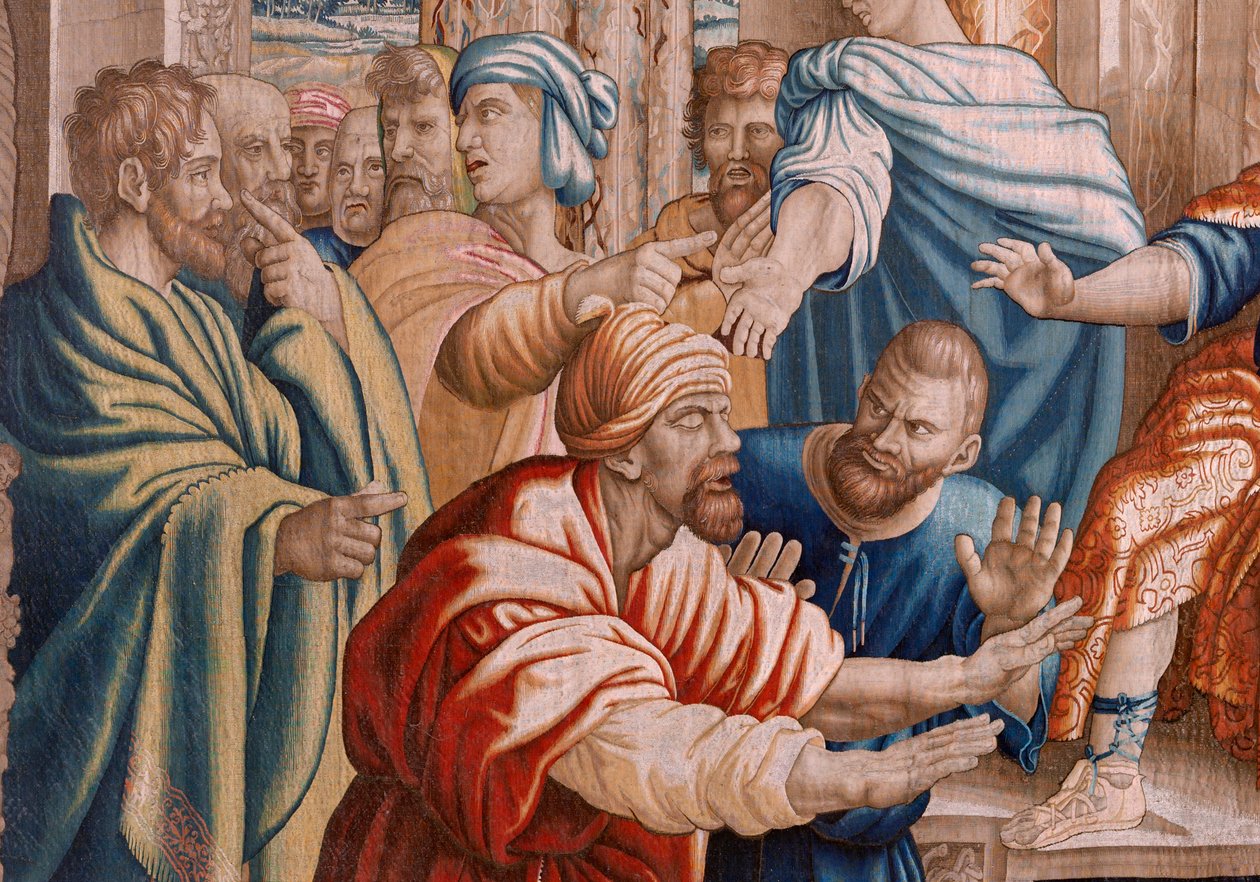 نسيج فلمنكي. سلسلة أعمال الرسل. ضرب Elymas أعمى (La ceguera de Elymas). النسيج السابع في السلسلة. نموذج الرسوم المتحركة من قبل رافائيل سانزيو. 1519. صناعة Jan Raes II ، بروكسل. كاليفورنيا 1605-1629. نسيج حرير وصوف. الحجم ٥٣٤ × ٧٨٣ سم. لوكات بواسطة رافائيل