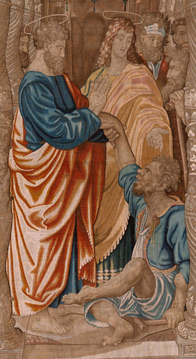 نسيج فلمنكي. سلسلة أعمال الرسل. معجزة الرجل الأعرج (El milagro del paralítico). النسيج الثالث في السلسلة. نموذج الرسوم المتحركة من قبل رافائيل سانزيو. 1519. صناعة Jan Raes II ، بروكسل. كاليفورنيا 1605-1629. نسيج حرير وصوف. الحجم ٥٢٤ × ٤٠٠ بواسطة رافائيل