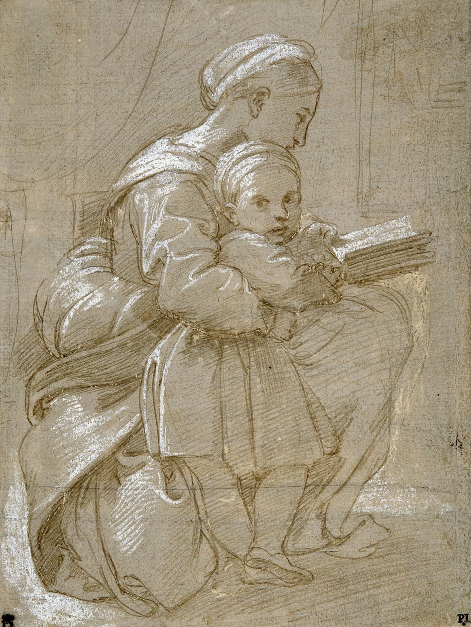A woman seated on a chair reading, with a child standing by her side (metal-point & white body colour on paper) بواسطة رافائيل