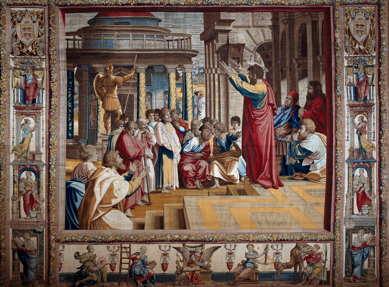 الرسول القديس بولس يكرز في طائرة Athenes Tapestry بعد الرسم على الورق المقوى بواسطة Raffaello Sanzio dit Raphael (1483-1520) ، بداية القرن السادس عشر. 4،95 × 6،45 م مانتوا ، قصر دوقي (مانتوفا) بواسطة بعد رافائيل