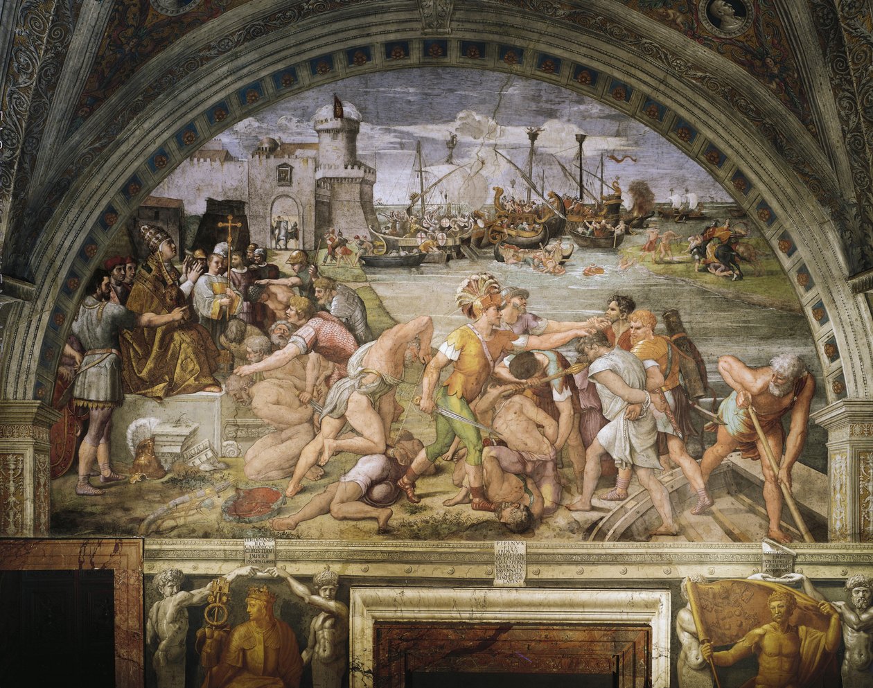 Fanlight, frescoed by Raffaello Sanzio (1483-1520) and followers, depicting the battle of Ostia, Stanza dell