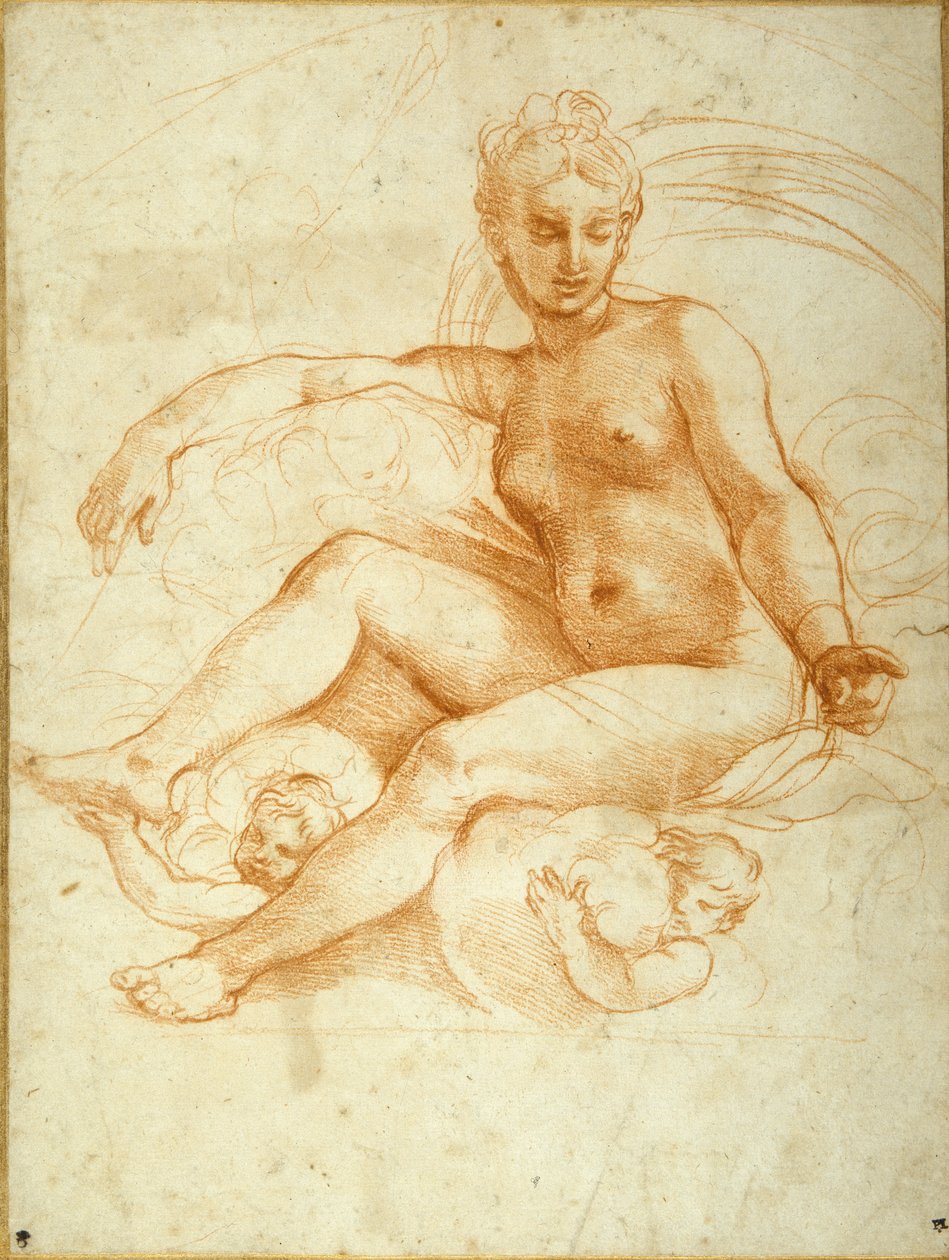 Venus seated on clouds pointing downwards (red chalk on white paper) بواسطة رافائيل