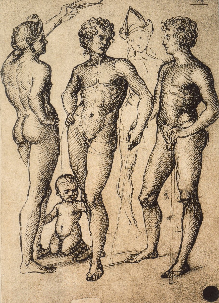 دراسة أربعة شخصيات ذكر وطفل. رسم رافائيل. غاليري ديل أكاديميسيا ، البندقية بواسطة رافايللو سانزيو رافائيل