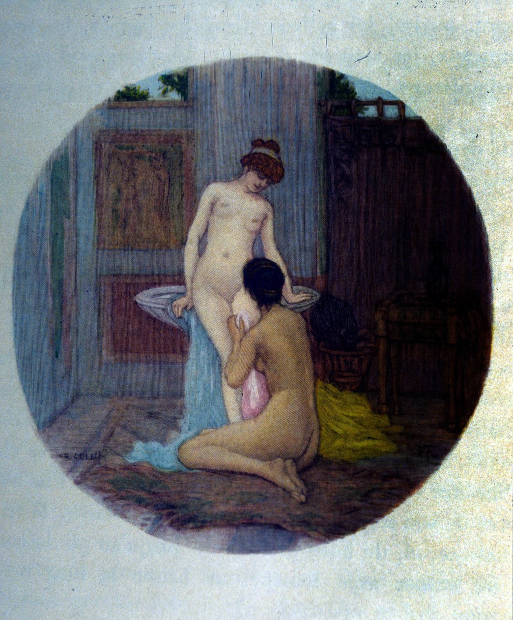 مرحاض النساء في العصر اليوناني القديم. رسم توضيحي مأخوذ من "أفروديت" لبيير لويس، لرافائيل كولن بواسطة رافائيل كولين