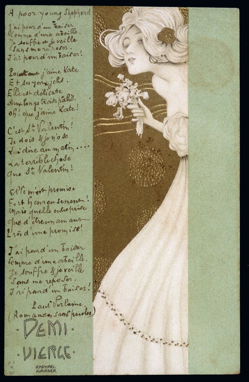 نصف عذراء وقصيدة بول فيرلين - بطاقة بريدية ، بقلم رافائيل كيرشنر (1876-1917) ، بداية القرن العشرين بواسطة رافائيل كيرشنر