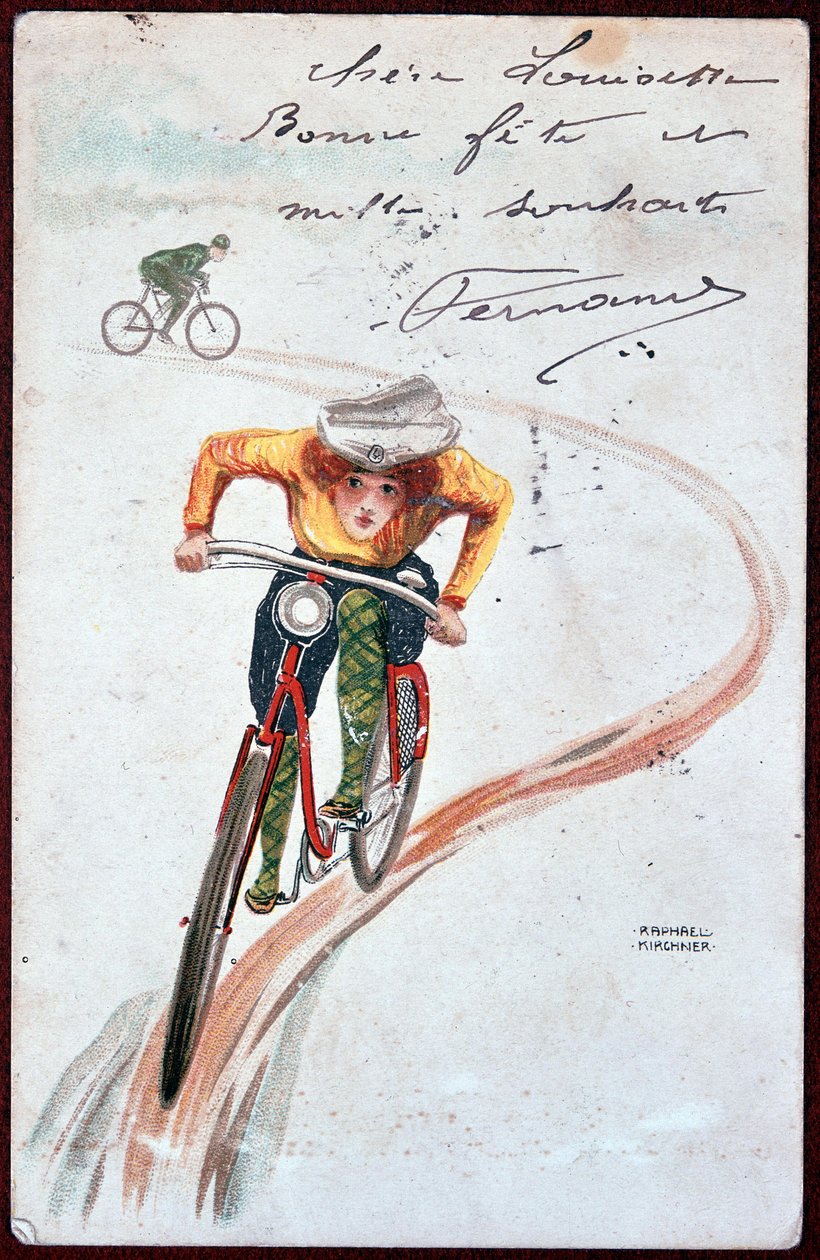 Postcard of a woman on a bicycle - drawing by R. Kirchner, c. 1900. بواسطة رافائيل كيرشنر