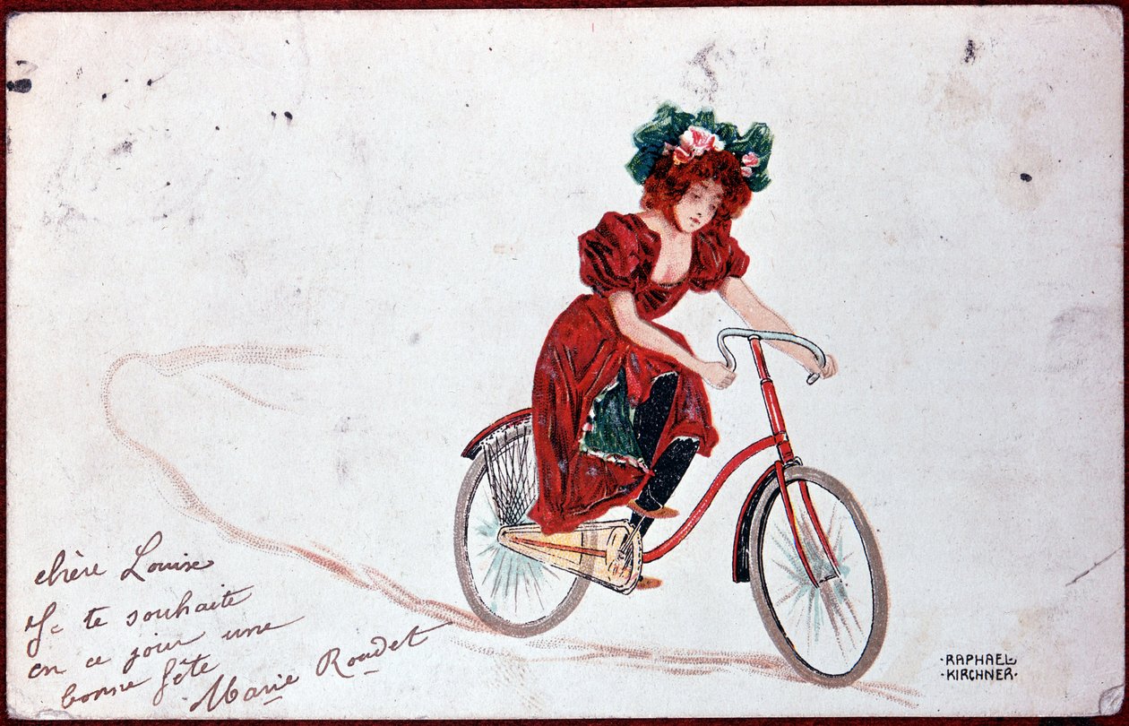 بطاقة بريدية لامرأة على دراجة - رسم توضيحي بقلم ر. كيرشنر ، رقم 1900 بواسطة رافائيل كيرشنر