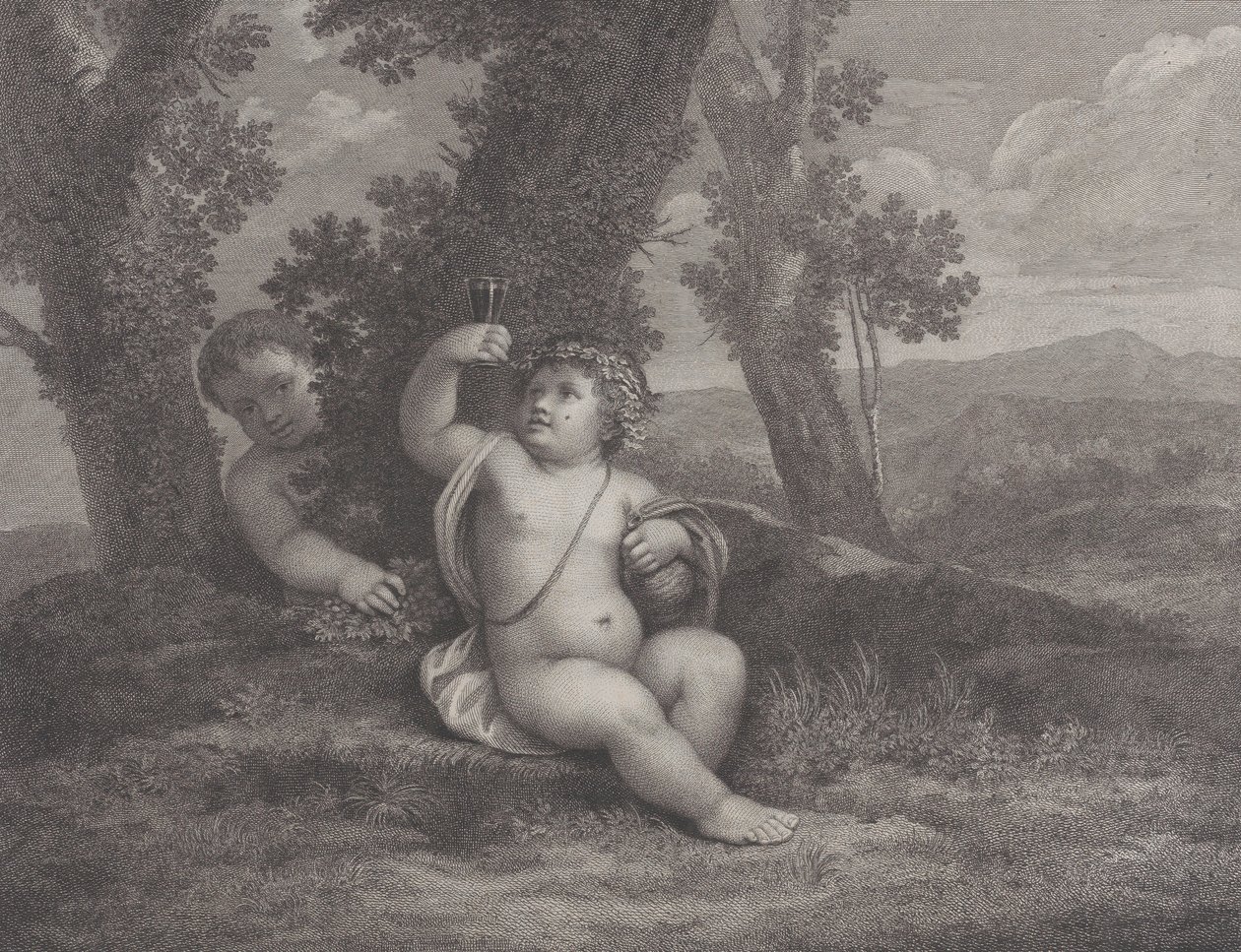 الرضيع باخوس جالسًا تحت شجرة ، ممسكًا كأسًا من النبيذ ، مع رضيع آخر ... ، 1780 بواسطة رفائيل مورغن
