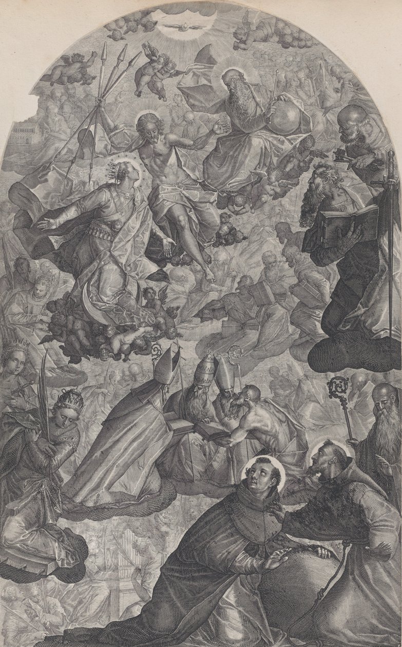 رؤية القديس دومينيك ، مع الله الآب والمسيح في المركز الأول ، العذراء ستان ... ، 1607. بواسطة رفائيل سادلر الثاني