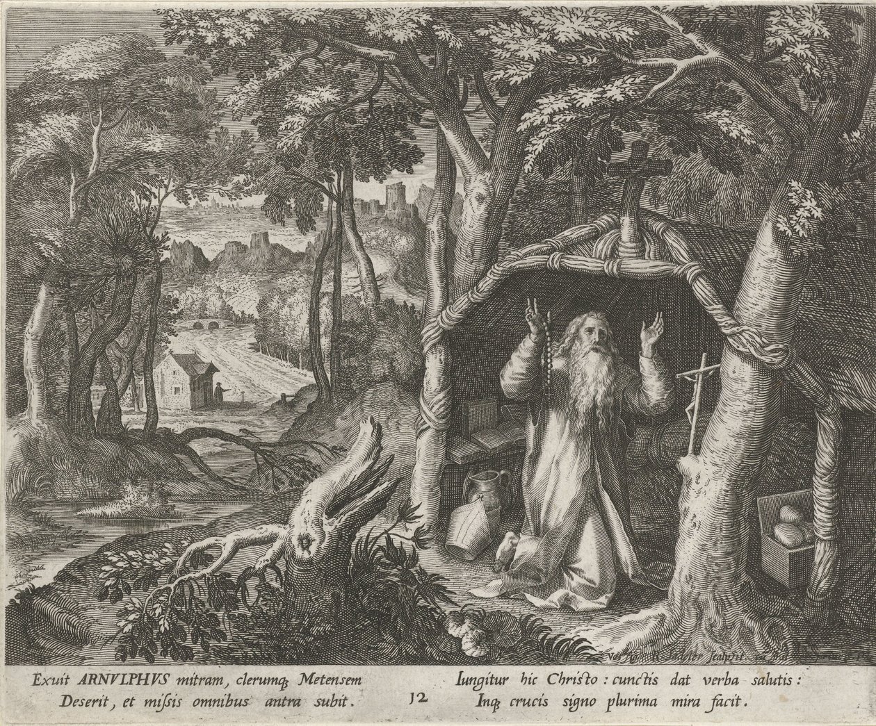 القديس أرنولد ميتز باعتباره ناسكًا الحياة الفاضلة للناسك (عنوان المسلسل) Trophaeum vitae solitariae (عنوان السلسلة) بواسطة رفائيل سادلر (الأول)