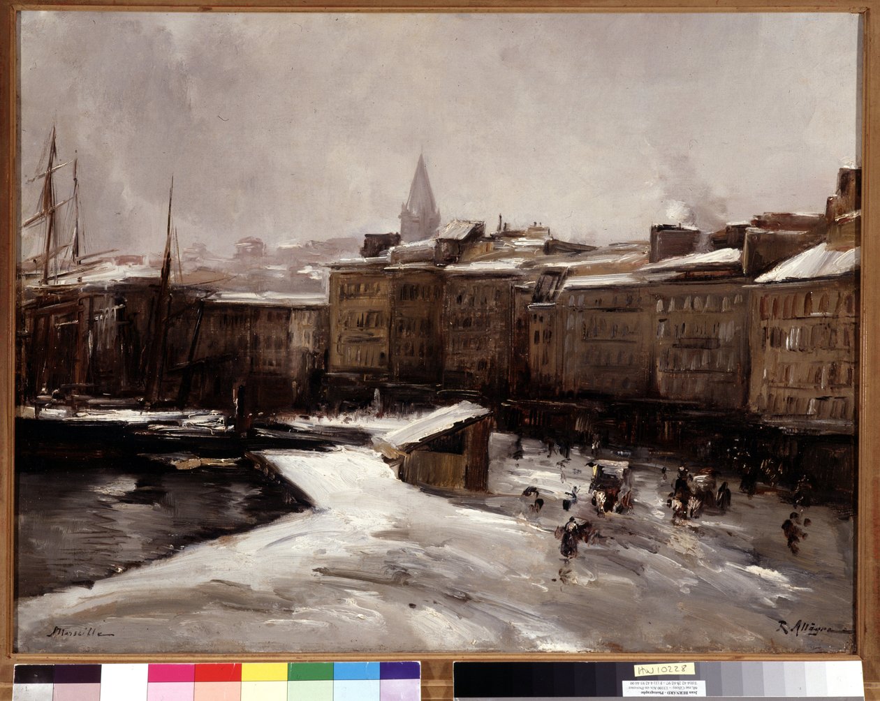 رصيف الميناء ، مرسيليا ، تحت الثلج لوحة لريموند أليجري (1857-1933) قاتمة 56x74 سم. إشارة إلزامية: مجموعة مؤسسة Regards de Provence Marseille بواسطة ريمون أليغري