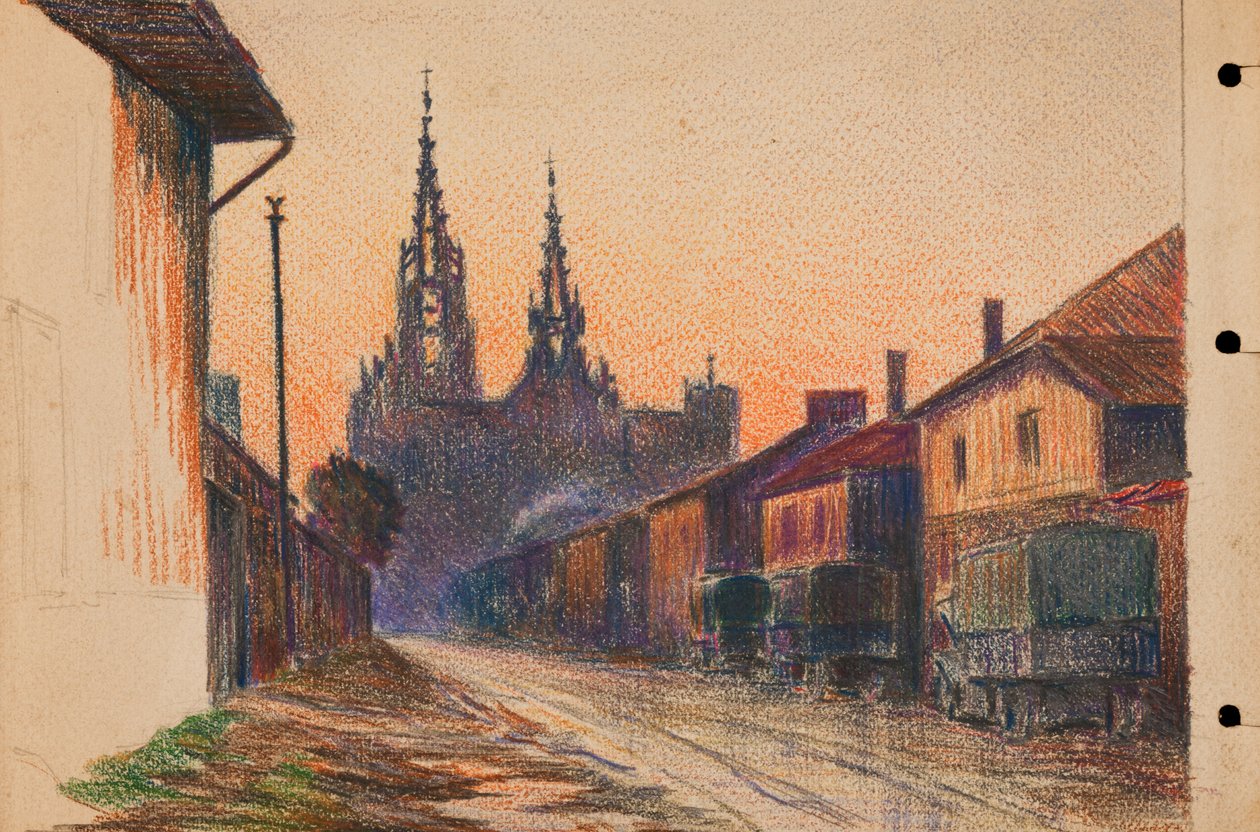 شاحنات عسكرية في شارع في بلدة في شرق فرنسا، حوالي 1914-1918 (قلم رصاص على ورق) بواسطة 