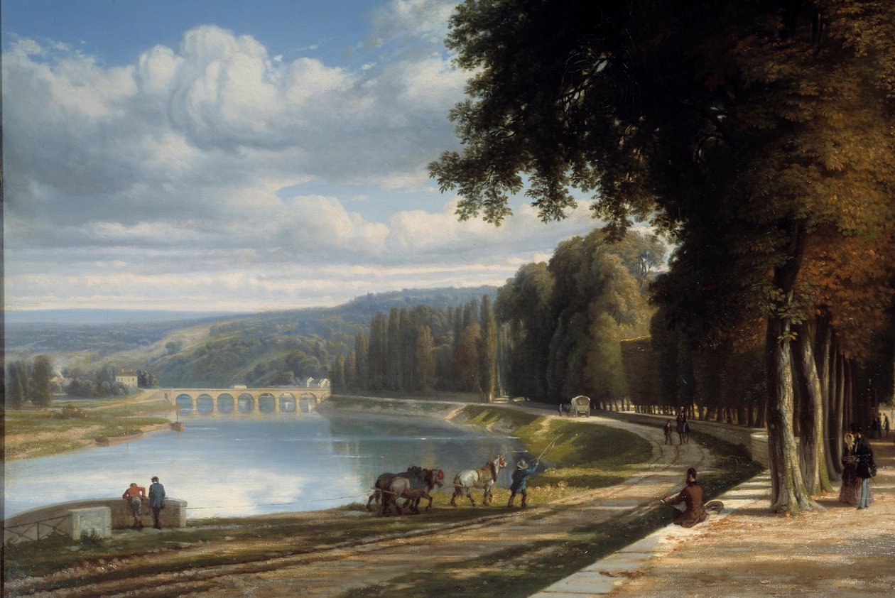 المشي إلى Parc de Saint Cloud التفاصيل على ضفاف نهر السين ، الخيول على ممر السحب. لوحة لريموند إسبرات (1809-1856) 1850 روان. متحف جوزيف ديشليت بواسطة ريمون إسبرات