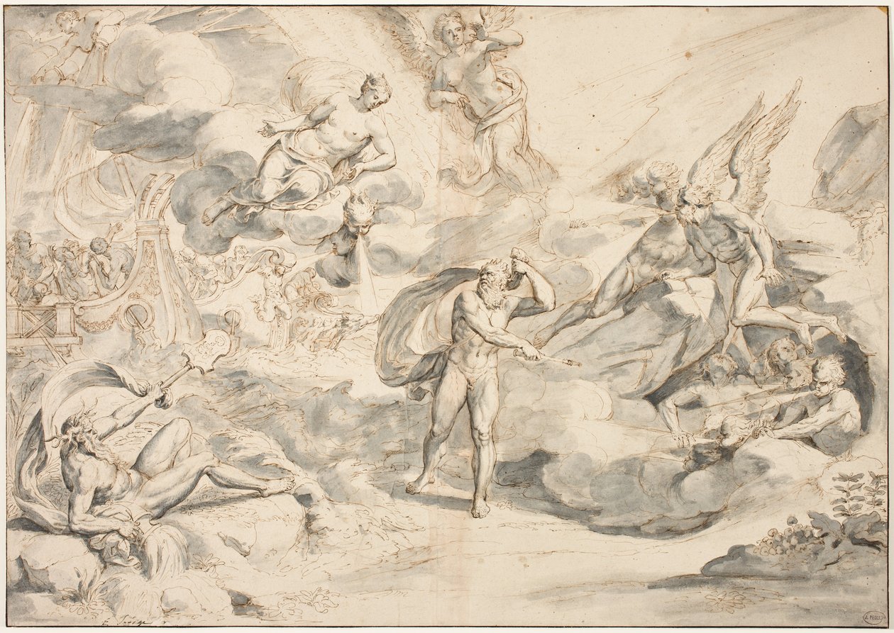 Aeolus طاعة أمر Junos لإنشاء عاصفة ، c.1683-84 (قلم وحبر مع غسل على الورق) بواسطة ريمون لافاج