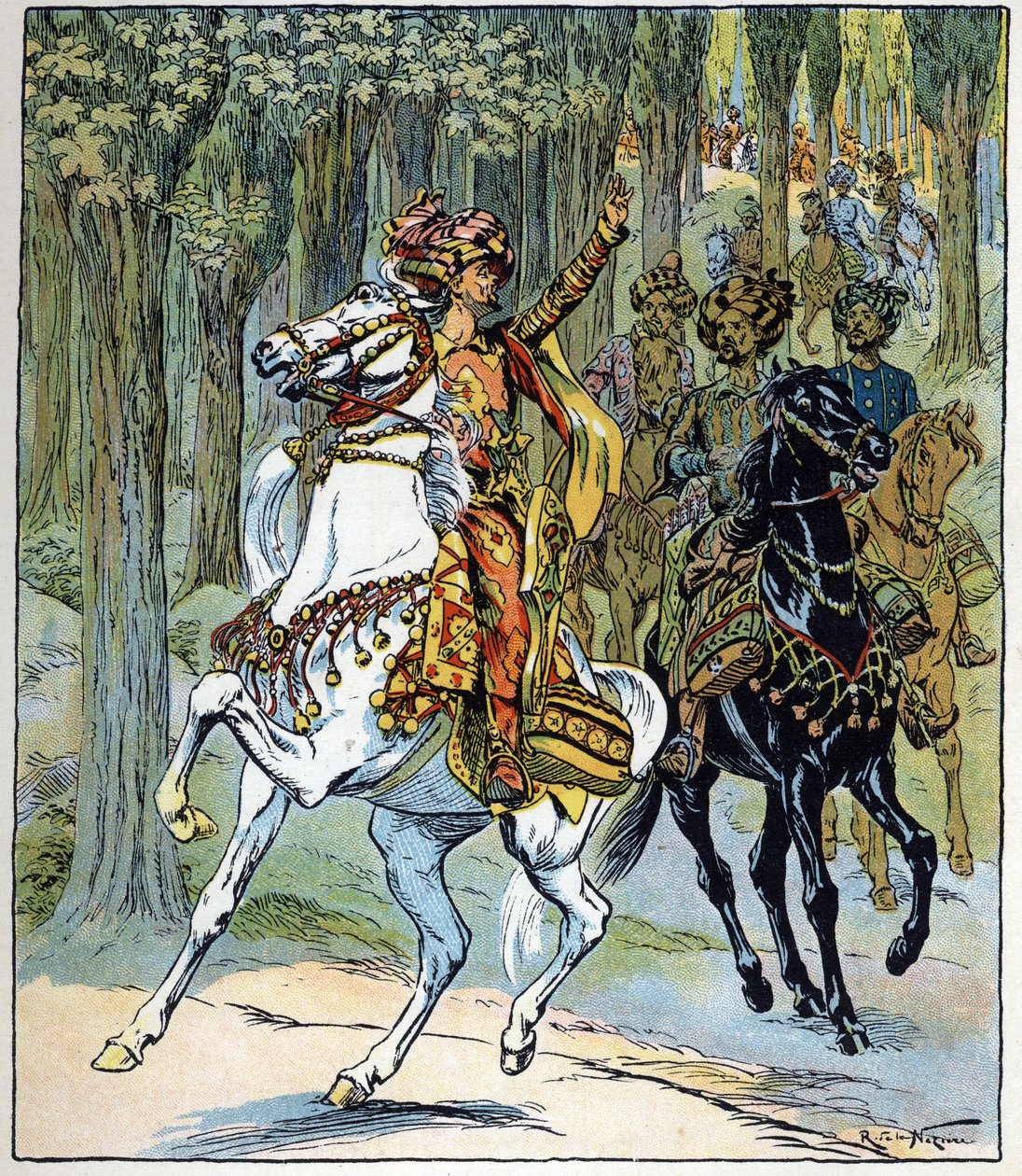 لصوص على ظهور الخيل: رسم توضيحي لحكاية "علاء الدين أو المصباح العجيب" في "الليالي العربية بواسطة ريموند دي لا نيزيير
