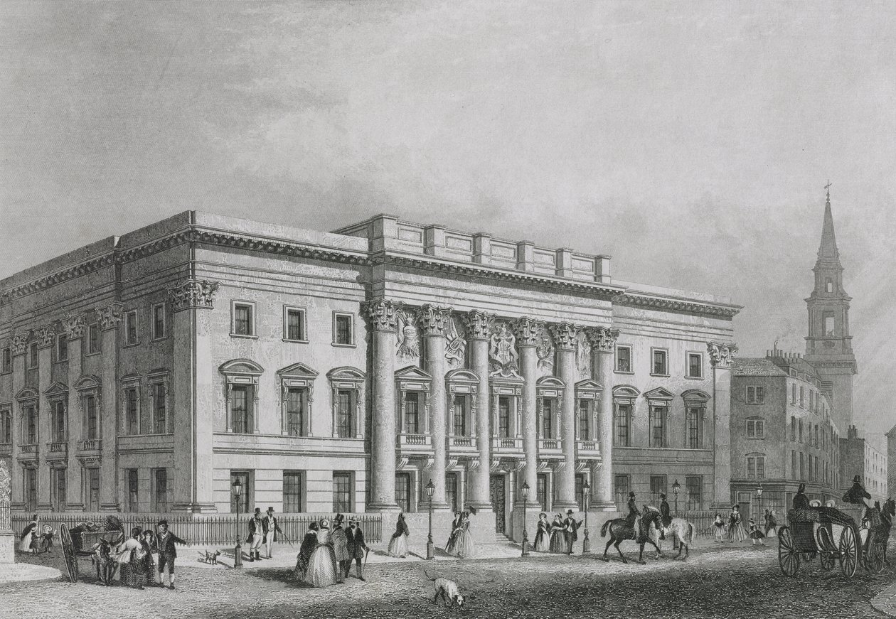منظر لقاعة غولدسميثز من فوستر لين ، نقشها ألبوت ، c.1835 بواسطة 
