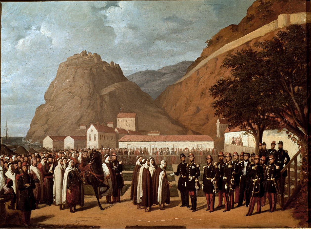 غزو الجزائر (1830-1847): تسليم عبد القادر (عبد القادر أو ابن محيي الدين الحسني (الدين الحسني) (1808-1883) إلى دوق أومالي والجيش الفرنسي في 24/12/1847 - رسم ريجيس أوجستين (1813-1880) عضلات القرن التاسع عشر بواسطة ريجيس أوغسطين